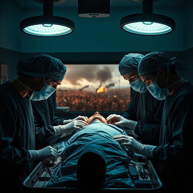 A dramatic scene depicting surgeons in a wartime hospital performing surgery on a neck wound