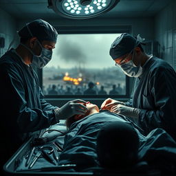A dramatic scene depicting surgeons in a wartime hospital performing surgery on a neck wound