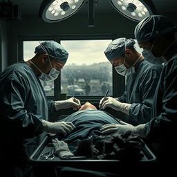A dramatic scene depicting surgeons in a wartime hospital performing surgery on a neck wound