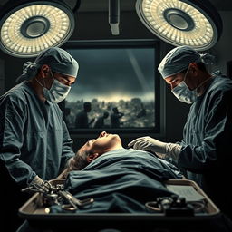 A dramatic scene depicting surgeons in a wartime hospital performing surgery on a neck wound