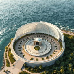A serene seaside religious infrastructure featuring a stunning circular structure