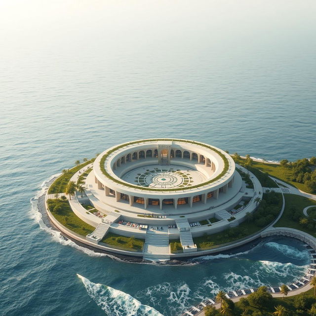A serene seaside religious infrastructure featuring a stunning circular structure