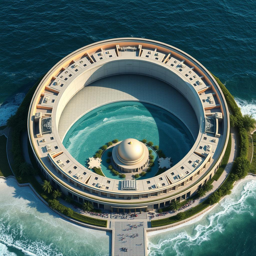 A serene seaside religious infrastructure featuring a stunning circular structure