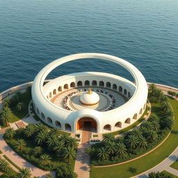A serene seaside religious infrastructure featuring a stunning circular structure