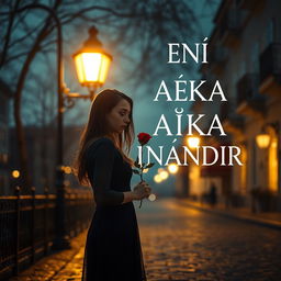 A poetic and mysterious twilight cityscape featuring a young woman standing on a cobblestone street under a glowing vintage streetlamp, delicately holding a single red rose