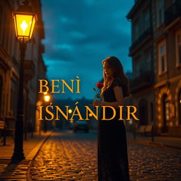 A poetic and mysterious twilight cityscape featuring a young woman standing on a cobblestone street under a glowing vintage streetlamp, delicately holding a single red rose
