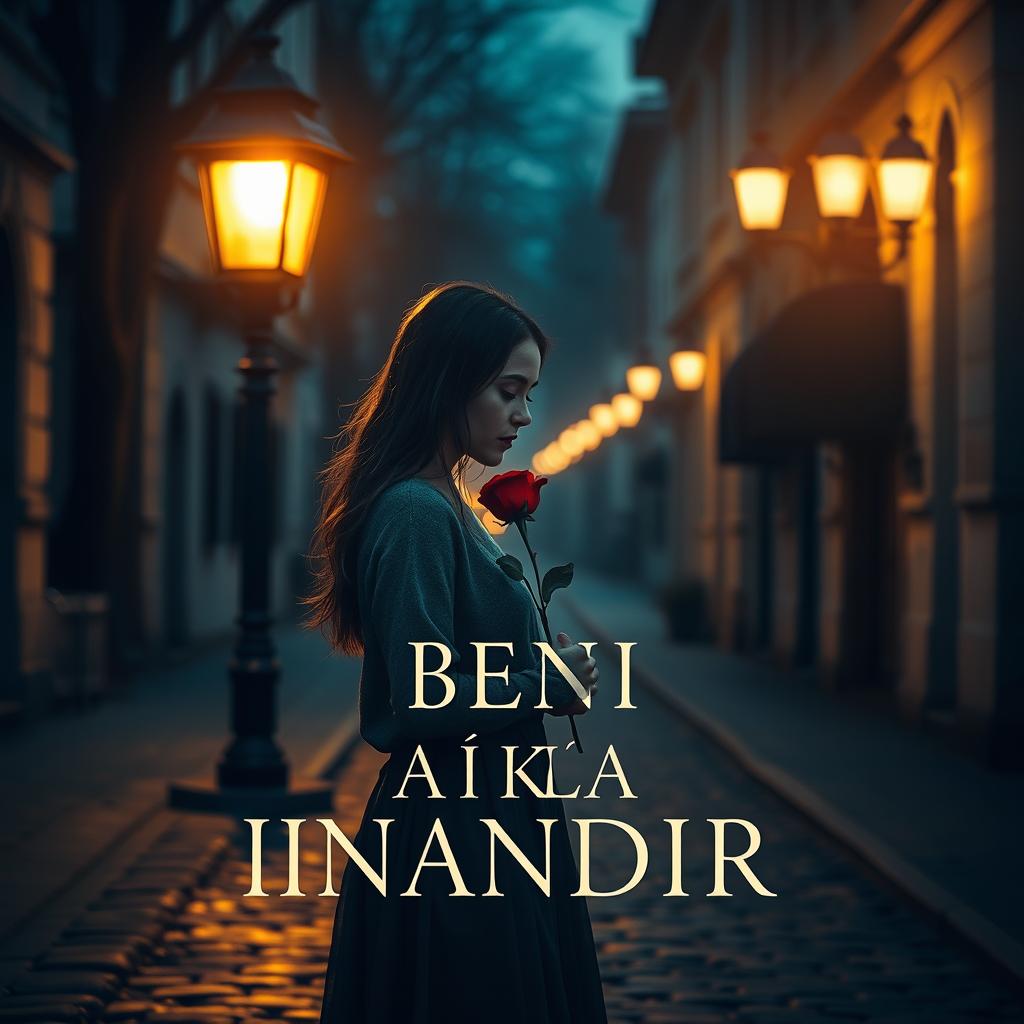 A poetic and mysterious twilight cityscape featuring a young woman standing on a cobblestone street under a glowing vintage streetlamp, delicately holding a single red rose