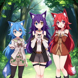 A group of anime female characters featuring unique wolf ears and fluffy wolf tails, each with distinct hair colors such as vibrant blue, deep purple, and fiery red