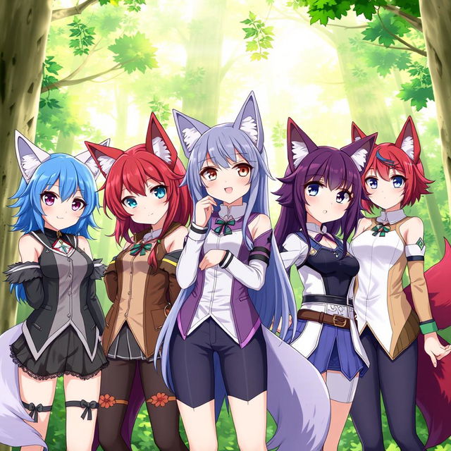 A group of anime female characters featuring unique wolf ears and fluffy wolf tails, each with distinct hair colors such as vibrant blue, deep purple, and fiery red