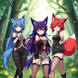 A group of anime female characters featuring unique wolf ears and fluffy wolf tails, each with distinct hair colors such as vibrant blue, deep purple, and fiery red