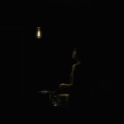 A dark, shadow-filled kitchen illuminated by minimal light from a single hanging bulb