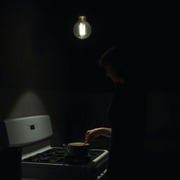 A dark, shadow-filled kitchen illuminated by minimal light from a single hanging bulb