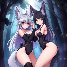 Seductive anime female characters, featuring large, fluffy wolf ears and a long, bushy wolf tail