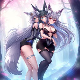 Seductive anime female characters, featuring large, fluffy wolf ears and a long, bushy wolf tail