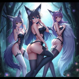 Seductive anime female characters, featuring large, fluffy wolf ears and a long, bushy wolf tail