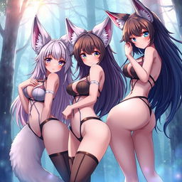 Seductive anime female characters, featuring large, fluffy wolf ears and a long, bushy wolf tail