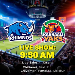 A vibrant and dynamic graphic poster featuring two logos: the Chitwan Rhinos and the Karnali Yaks, depicted prominently in a competitive style