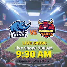 A vibrant and dynamic graphic poster featuring two logos: the Chitwan Rhinos and the Karnali Yaks, depicted prominently in a competitive style