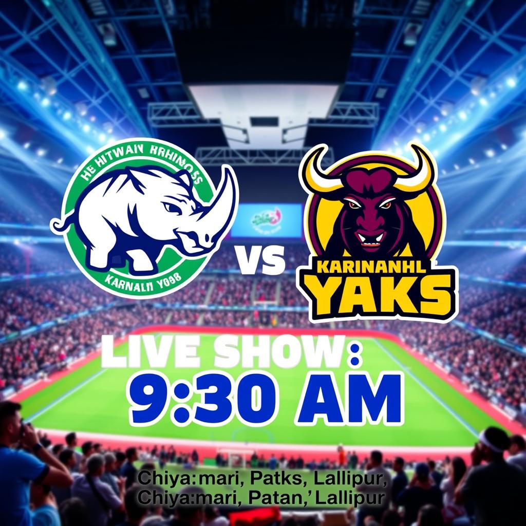 A vibrant and dynamic graphic poster featuring two logos: the Chitwan Rhinos and the Karnali Yaks, depicted prominently in a competitive style