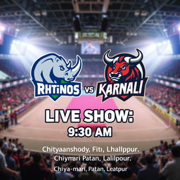 A vibrant and dynamic graphic poster featuring two logos: the Chitwan Rhinos and the Karnali Yaks, depicted prominently in a competitive style
