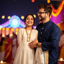 A cute and beautiful Indian office girl, aged 25, dressed in a stunning white kurta, celebrating on an Indian festival day