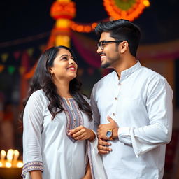 A cute and beautiful Indian office girl, aged 25, dressed in a stunning white kurta, celebrating on an Indian festival day
