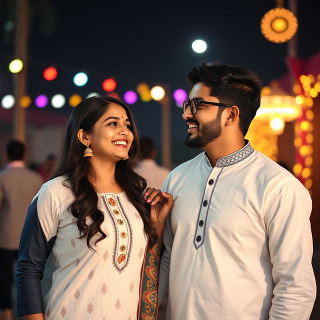 A cute and beautiful Indian office girl, aged 25, dressed in a stunning white kurta, celebrating on an Indian festival day