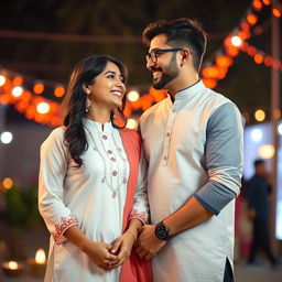 A cute and beautiful Indian office girl, aged 25, dressed in a stunning white kurta, celebrating on an Indian festival day