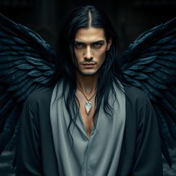 A striking man with long, dark hair that appears as if he just stepped out of the ocean, exuding a mysterious aura