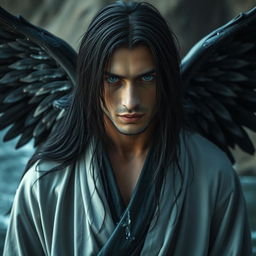 A striking man with long, dark hair that appears as if he just stepped out of the ocean, exuding a mysterious aura