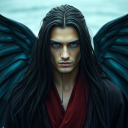 A striking man with long, dark hair that appears as if he just stepped out of the ocean, exuding a mysterious aura