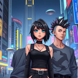 A girl and two guys, all in their mid-20s, with striking black hair and vibrant blue eyes