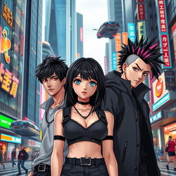 A girl and two guys, all in their mid-20s, with striking black hair and vibrant blue eyes