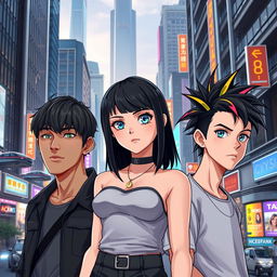 A girl and two guys, all in their mid-20s, with striking black hair and vibrant blue eyes