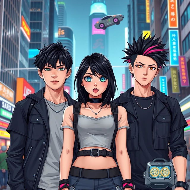 A girl and two guys, all in their mid-20s, with striking black hair and vibrant blue eyes