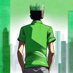 A high-quality digital art image of a boy wearing a green shirt and a crown, his back turned towards the viewer