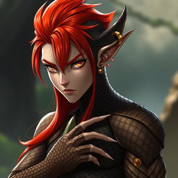 A striking character named Atu with long, bright red hair styled in a half-up fashion, revealing dark brown scales on the right side of his head