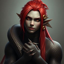 A striking character named Atu with long, bright red hair styled in a half-up fashion, revealing dark brown scales on the right side of his head