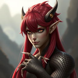 A striking character named Atu with long, bright red hair styled in a half-up fashion, revealing dark brown scales on the right side of his head