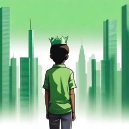 A high-quality digital art image of a boy wearing a green shirt and a crown, his back turned towards the viewer