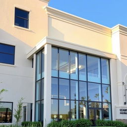 A beige building featuring elegant glass details that create a sense of openness and light