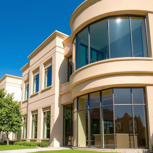 A beige building featuring elegant glass details that create a sense of openness and light