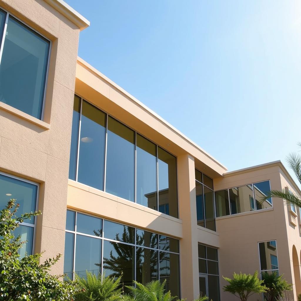 A beige building featuring elegant glass details that create a sense of openness and light
