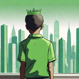 A high-quality digital art image of a boy wearing a green shirt and a crown, his back turned towards the viewer