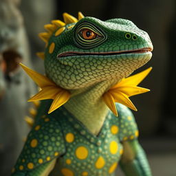 A captivating lizardfolk character that effortlessly attracts attention as he enters a room
