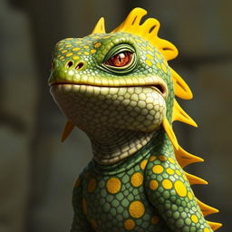 A captivating lizardfolk character that effortlessly attracts attention as he enters a room