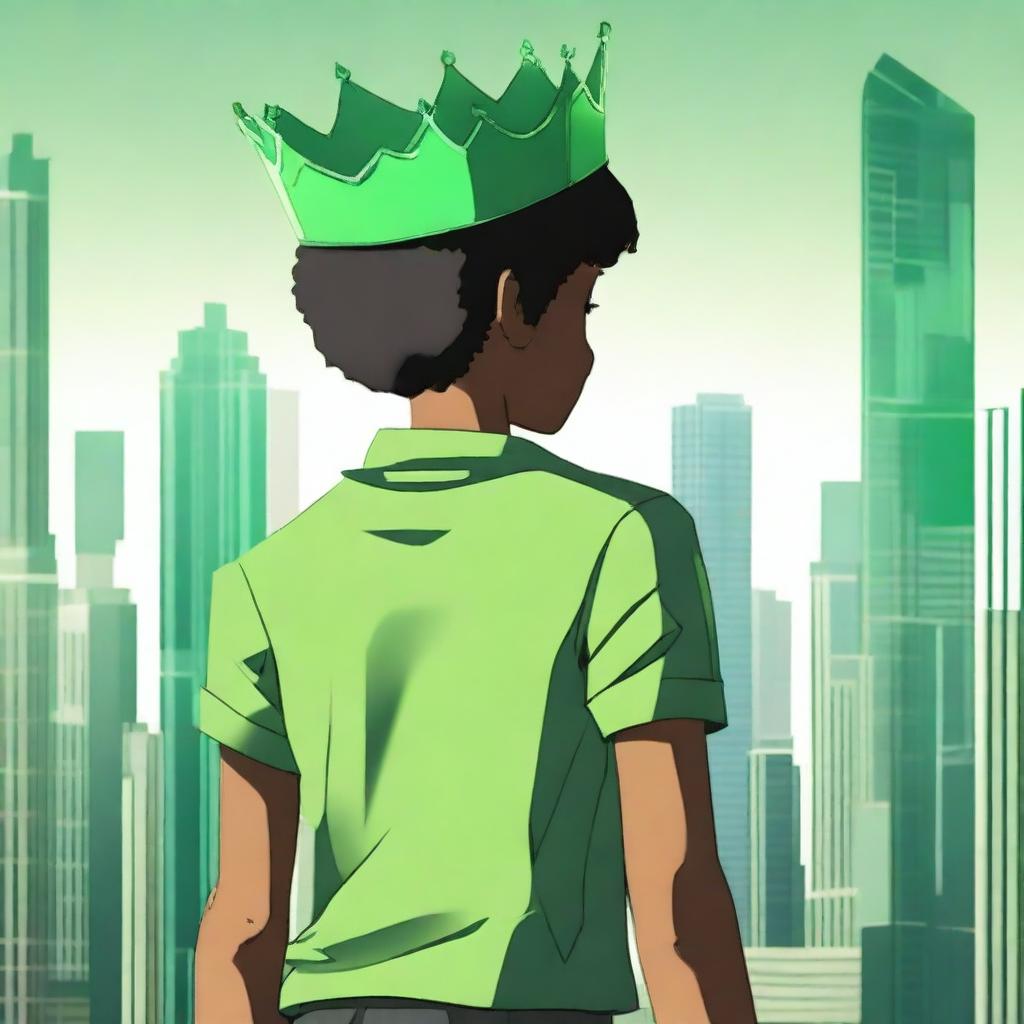 A high-quality digital art image of a boy wearing a green shirt and a crown, his back turned towards the viewer