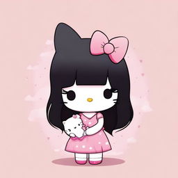 A delightful, top-quality digital art image featuring Hello Kitty, now adorned with long, straight black hair