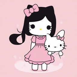 A delightful, top-quality digital art image featuring Hello Kitty, now adorned with long, straight black hair