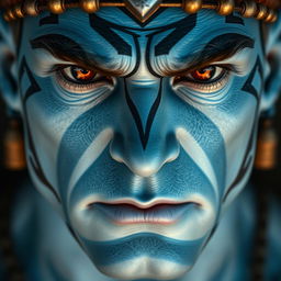 A formidable figure with light blue skin adorned with intricate markings that signify his honor and status